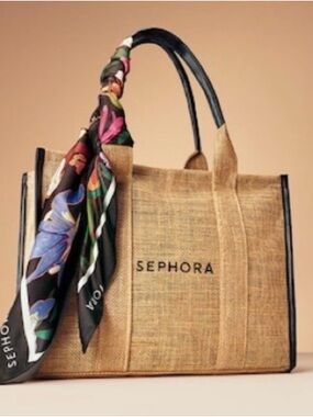 NIP Sephora Limited Edition Natural Jute Tote Bag Purse and Floral Scarf Set